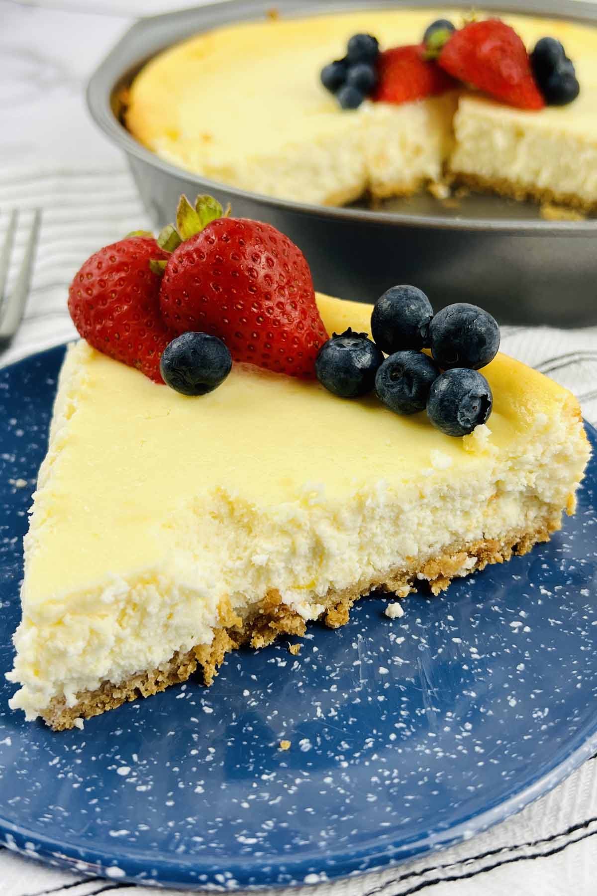 A slice of cheesecake topped with berries.