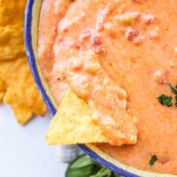 A chip dipped in a bowl of queso.