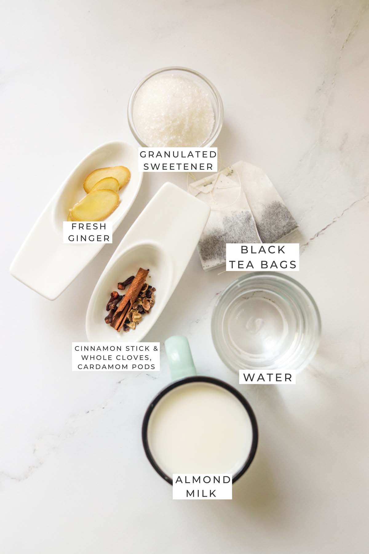 Labeled ingredients for the chai latte.