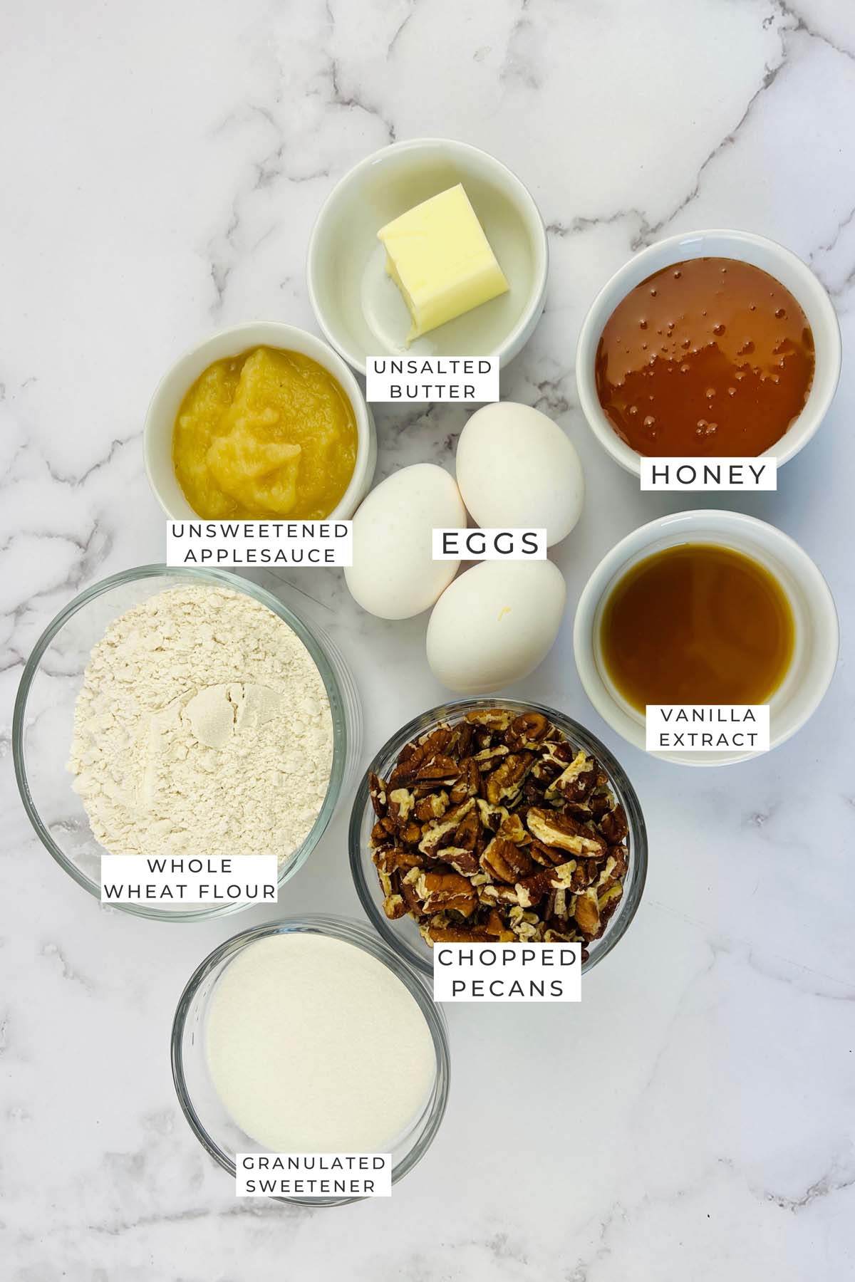 Labeled ingredients for the pecan pie.