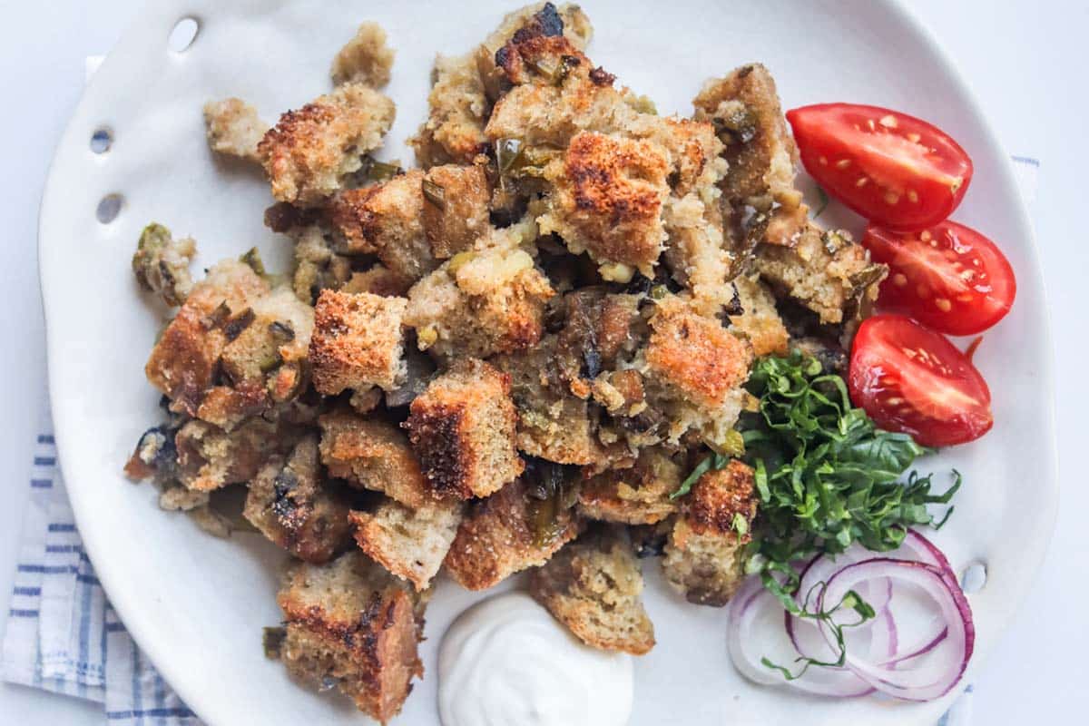 Stuffing on a white plate.