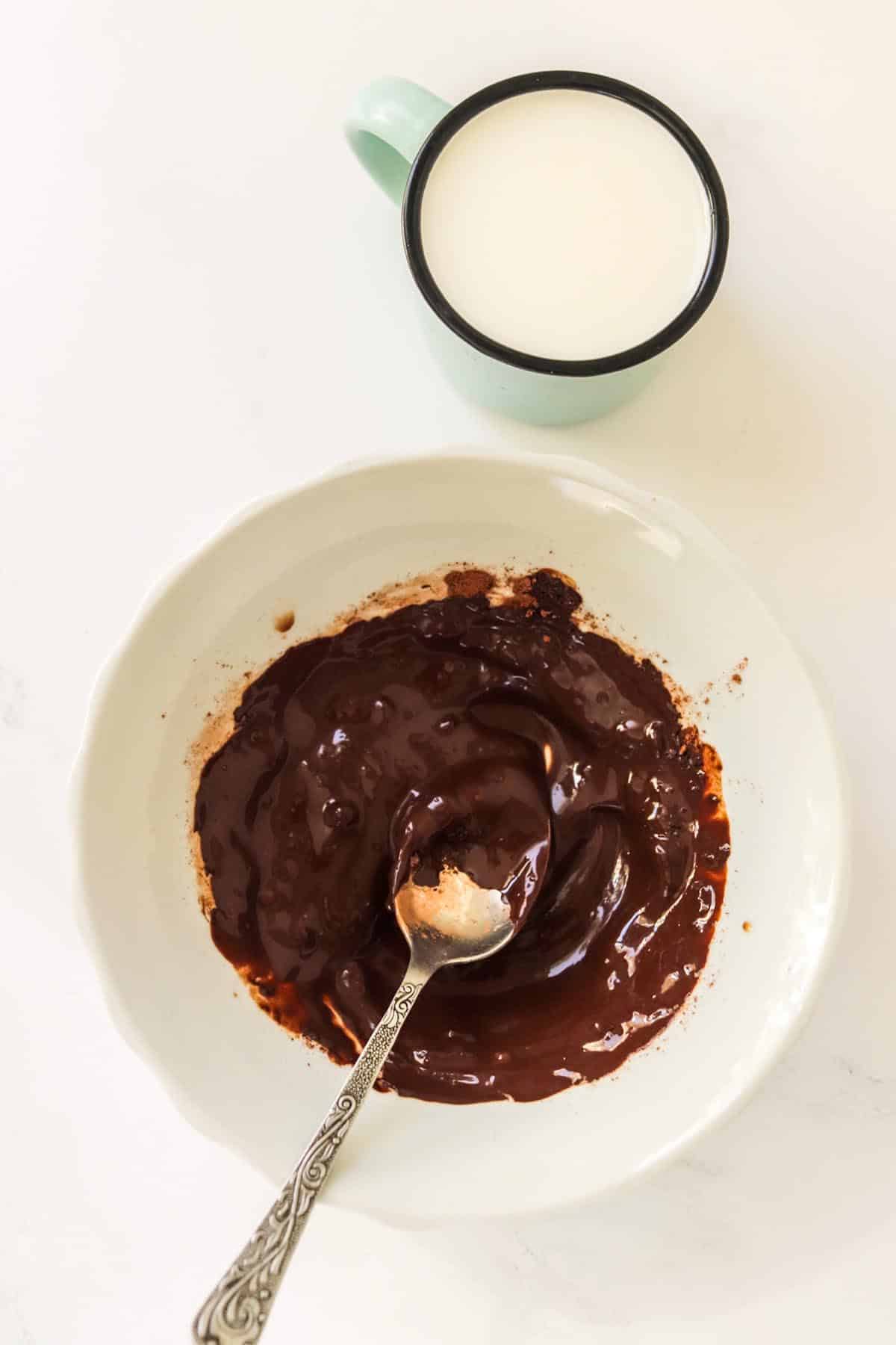 Melted chocolate in a white bowl with a spoon.