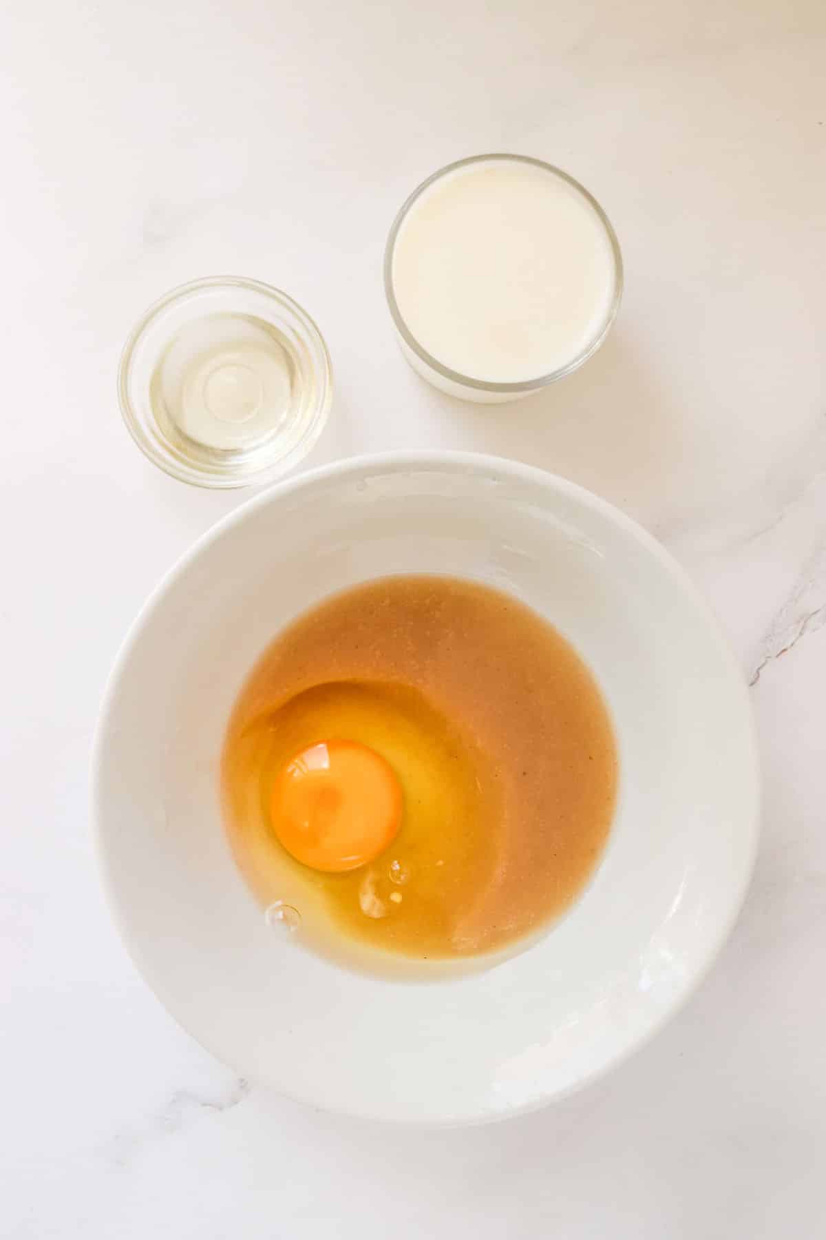 Wet ingredients in a mixing bowl.