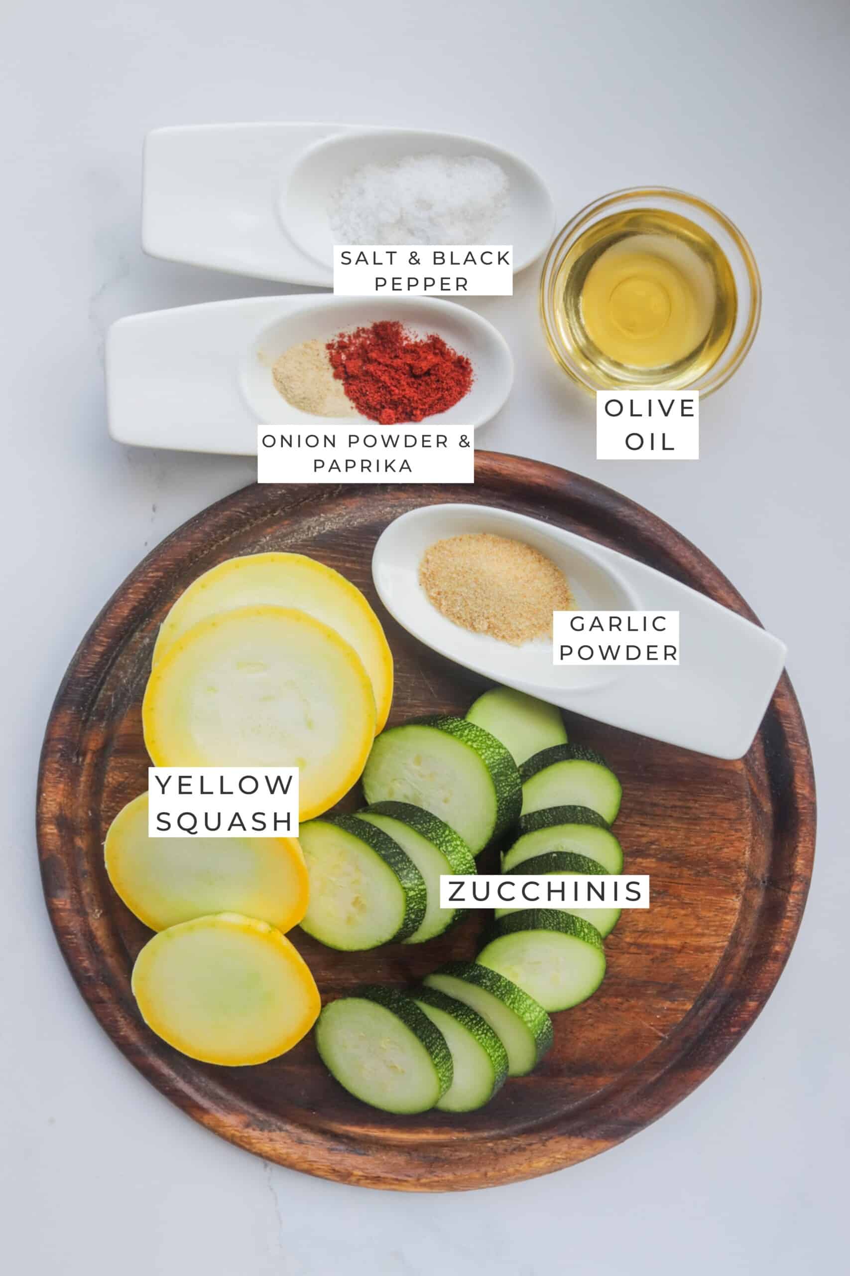 Labeled ingredients for the air fryer zucchini and squash.