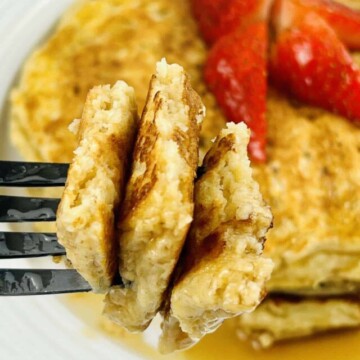 Pieces of pancake on a fork.