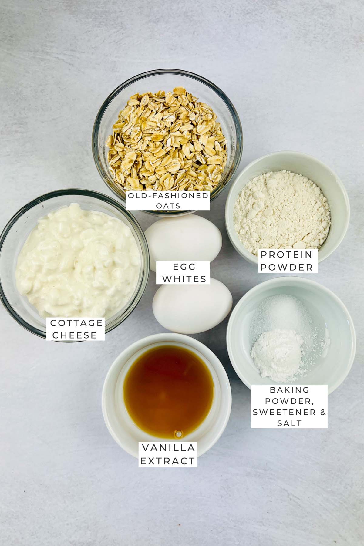 Labeled ingredients for the protein pancakes.