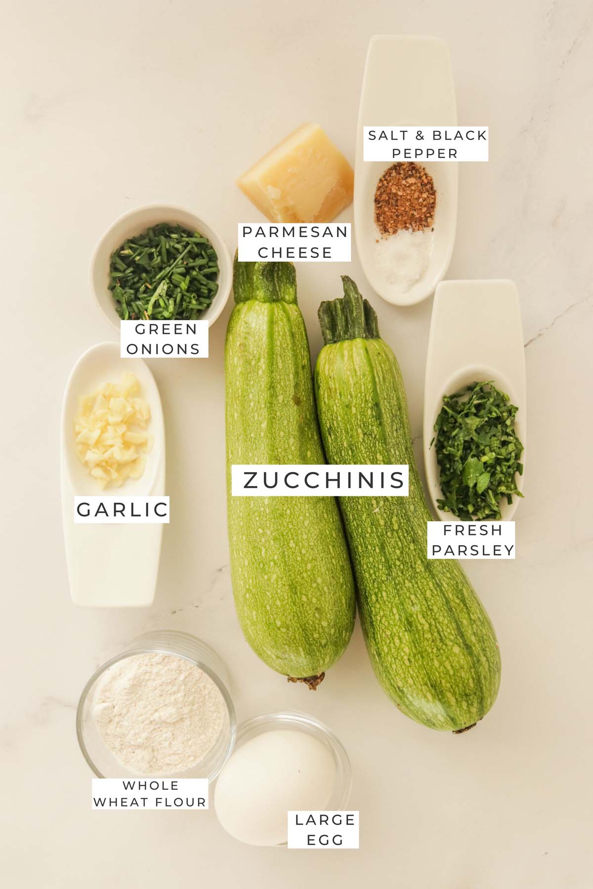 Labeled ingredients for the zucchini fritters.