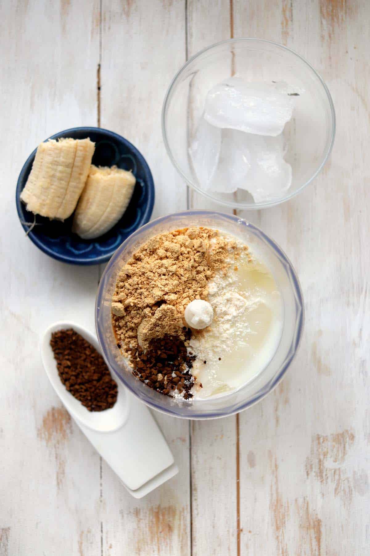 The shake ingredients in a blender.