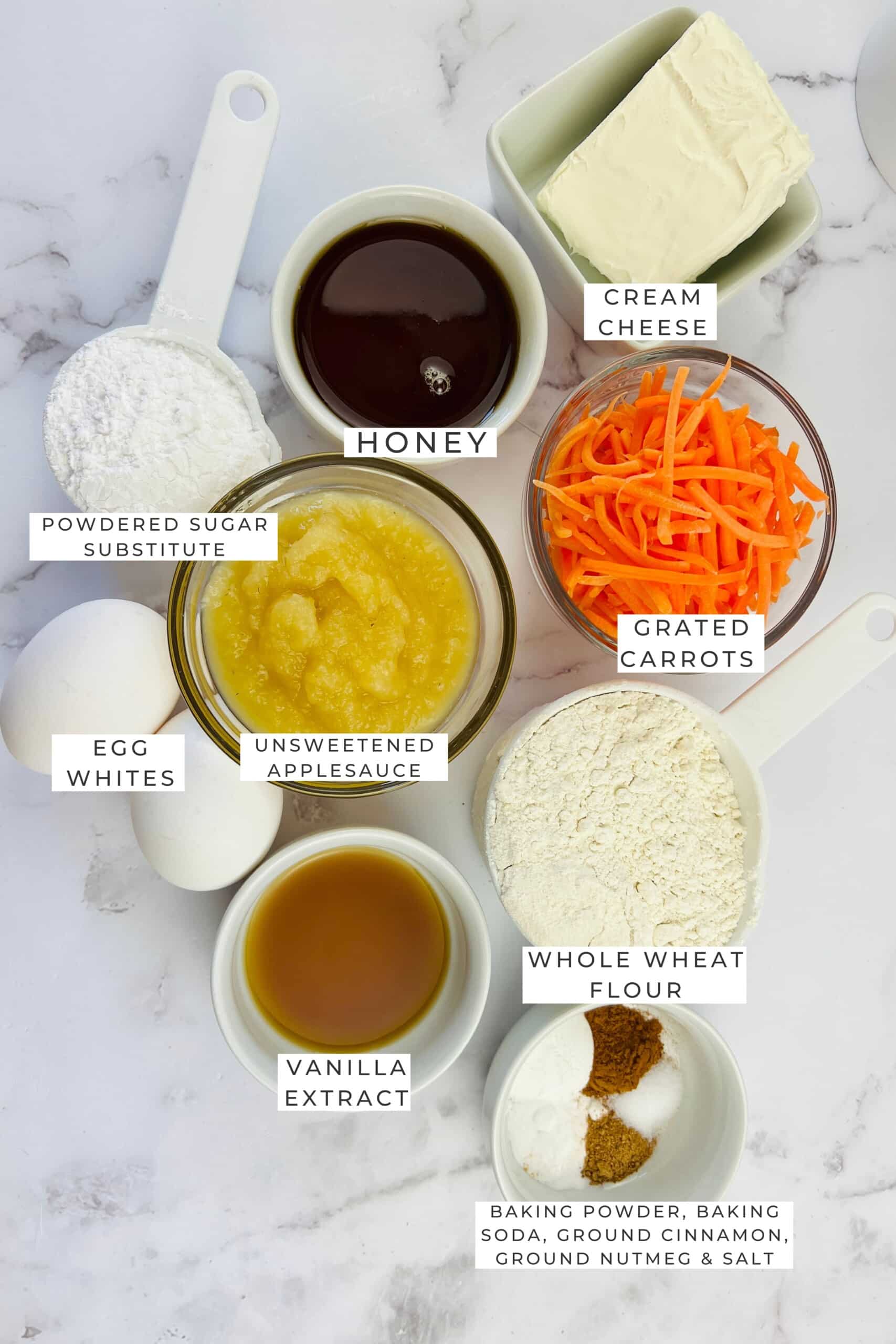 Labeled ingredients for the carrot cake.