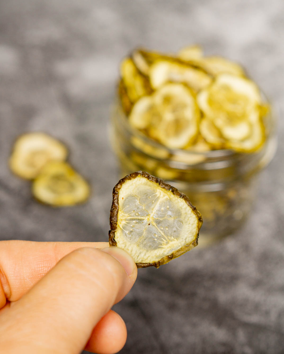 Hand holding pickle chip to show texture