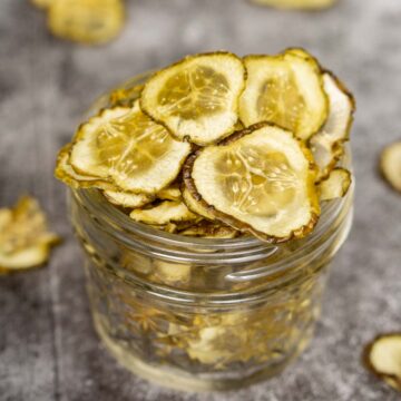 Dehydrated pickle chips in a jar