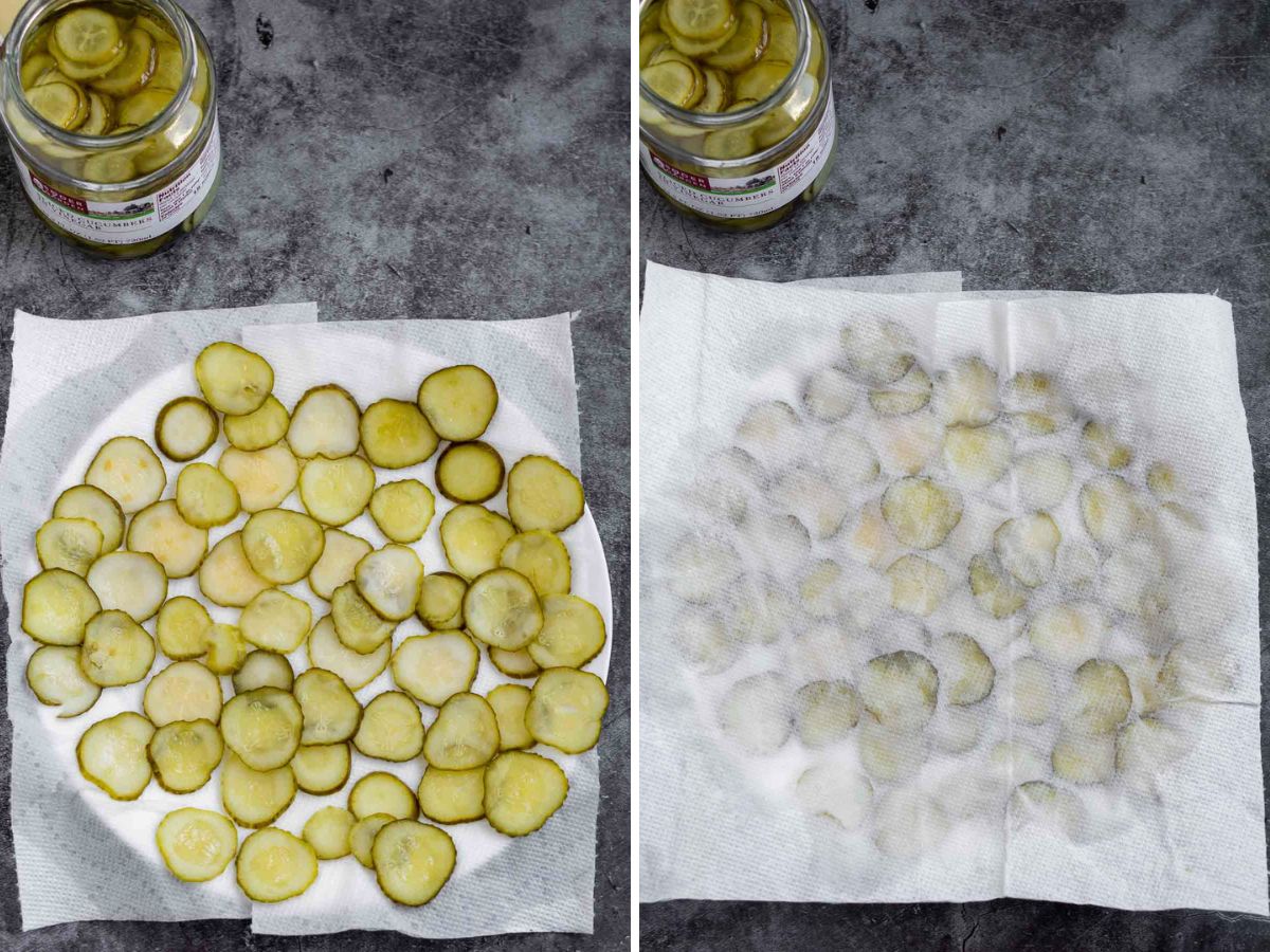 Collage of 2 pictures showing how to dry sliced pickles with paper towels