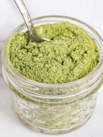 Dehydrated jalapeño powder in a jar.