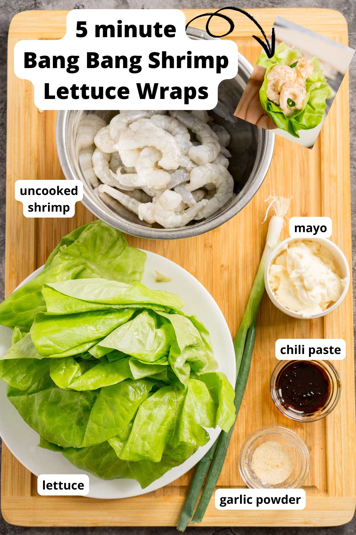 Ingredients to make bang bang shrimp lettuce wraps