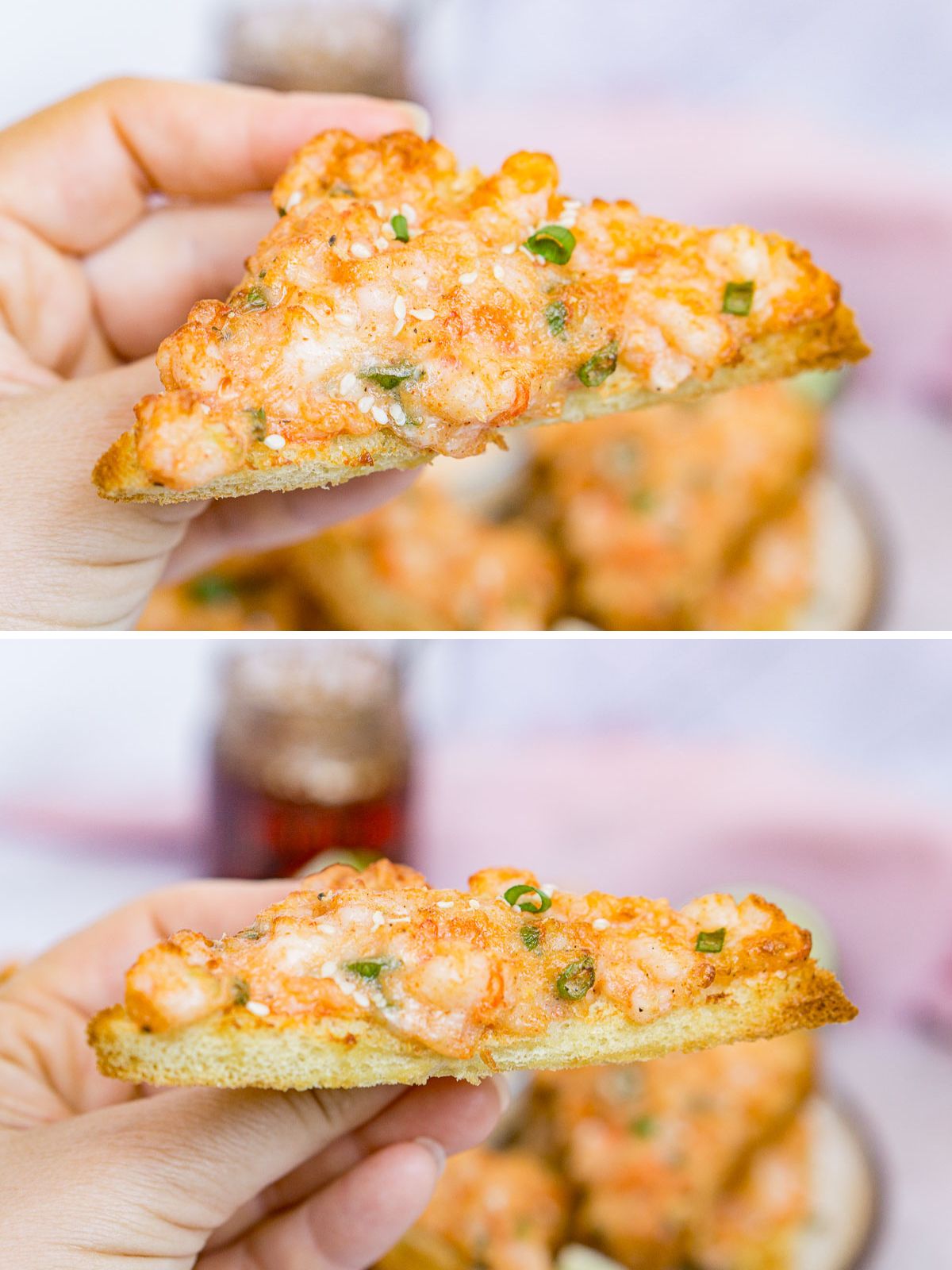 Collage of 2 pictures showing the texture of air fryer shrimp toast